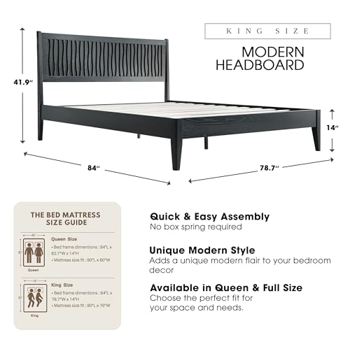 King Size Platform Bed Frame, Solid Wood Bed with Headboard & Footboard, view 4