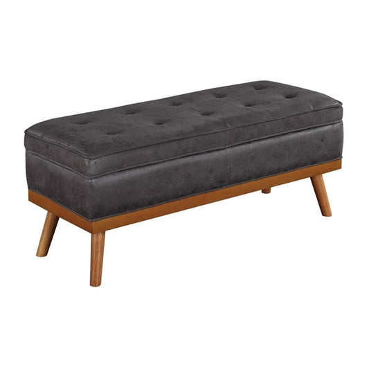 Mid-Century Storage Bench, Charcoal Faux Leather Upholstery, 43.5" W x 17.5" D x 18.5" H, Button-Tufted Design, Soft-Close Hinged Top, Tapered Solid Wood Legs, Entryway or Living Room
