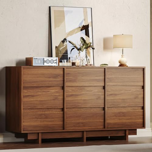 Walnut Dresser for Bedroom, 59in Modern 9 Drawer Chest of Drawers, view 2