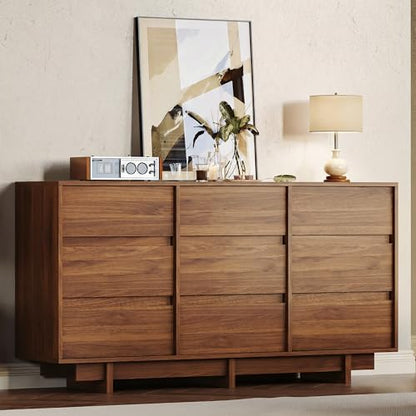 Walnut Dresser for Bedroom, 59in Modern 9 Drawer Chest of Drawers, view 2
