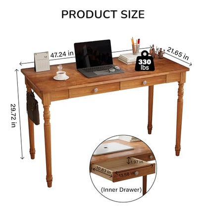 Vintage Solid Wood Writing Desk, 48" W Large Secretary Desk with 2 Drawers, view 3