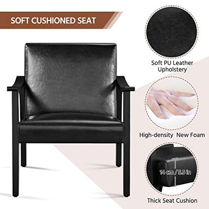 Yaheetech PU Leather Black Chairs, Mid-Century Modern Armchair with Solid Wood Legs, Reading Accent Chair with High Back for Living Room Bedroom Waiting Room, 2 pcs, Black