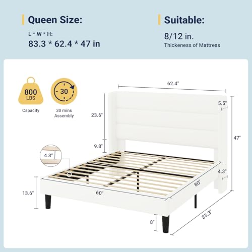 Queen Wood Bed Frame with Velvet Headboard, Storage, Strong Slats, White, view 3