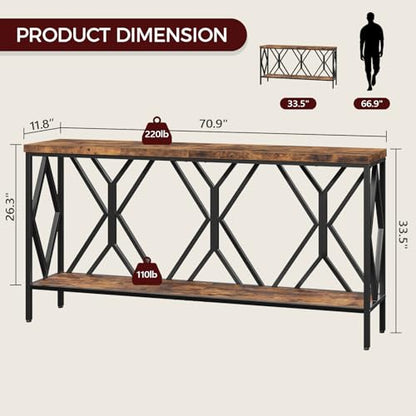 70.9'' Extra Long Console Table, Industrial Sofa Table Behind Couch, 2 Tier Narrow Entryway Table with Storage Shelf, for Living Room, Rustic Brown and Black CTHR18301
