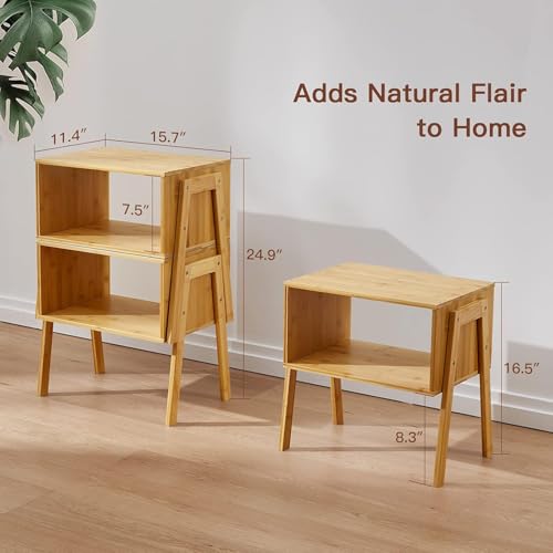Nightstands Set of 2, Bamboo Stackable Bedside Table, Night Stands with Storage Shelf, Small Bed Side Tables, 2-Tier End Table for Bedroom, Dorm and Small Space Storage (Natural)