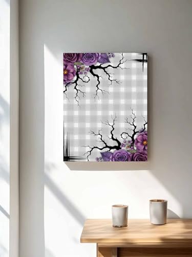NuYeBiofx Halloween Flower Berry Tree Branch Canvas Wall Art Prints,48"x32" Framed Picture Artwork Purple Plant Gray Check Printed Canvas Oil Painting for Living Room Bedroom Office,Ready to Hang