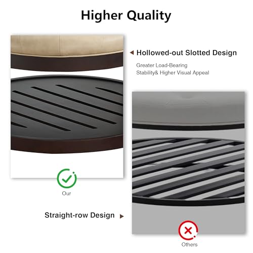 Round Coffee Tables for Living Room,33’’ Storage Ottoman with Wooden Tray, Upholstered Ottoman Footrest, Ivory