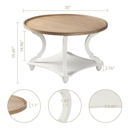 Farmhouse Round Coffee Table, Wood Tray Top Circle Coffee Table with Storage Shelf Rustic Style for Living Room and Vintage Finish, White