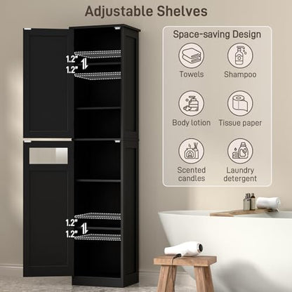 Tall Bathroom Cabinet, Slim Bathroom Storage Cabinet with Adjustable Shelves and 2 Doors, Narrow Floor Storage Cabinet for Bathrooms, Kitchen, Living Room, Black