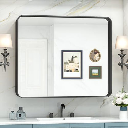 42x36 Black Bathroom Mirror for Wall Vanity Mirror with Brushed Metal Frame Non-Rusting Aluminum Alloy for Modern Farmhouse Bedroom Living Room Decor (Horizontal/Vertical)