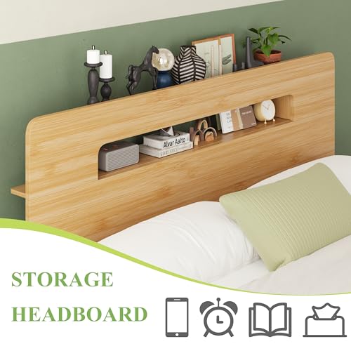Solid Bamboo Wood Queen Bed Frame with Storage Headboard, view 4