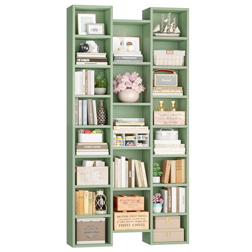 71'' Tall Bookshelf with 21 Cubes, 8 Tier Triple Wide Bookshelf with 8 Adjustable Shelves, 35" Large Bookcase DVD/CD Media Tower Storage, Freestanding Display Shelf Cabinet, Green