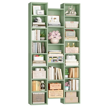 71'' Tall Bookshelf with 21 Cubes, 8 Tier Triple Wide Bookshelf with 8 Adjustable Shelves, 35" Large Bookcase DVD/CD Media Tower Storage, Freestanding Display Shelf Cabinet, Green
