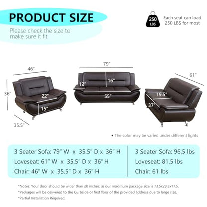 Leather Sectional Sofa Couches, Living Room Furniture Sets, 3 Pieces Modern Couch Set, Faux Leather Sofa Loveseat Chair Set with Sturdy Legs for Living Room/Bedroom/Office, Dark Brown