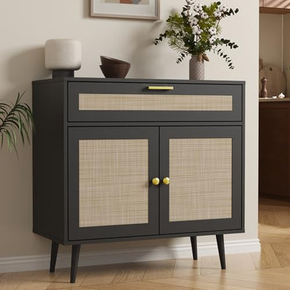 Rattan Sideboard Buffet, Boho Kitchen Cabinet with Drawer & 2 Doors, Modern Mid Century Accent Cabinet with Adjustable Shelf, Coffee Bar for Living Room, Entryway, Kitchen, Black