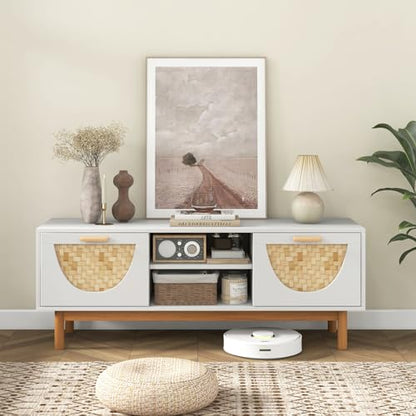 White TV Stand for 55 Inch TVs, Mid Century Modern Entertainment Center with 2 Drawers & Bamboo Woven Fronts, Solid Wood Legs, Boho TV Console Table for Living Room (White, 47.5”, for 55"TV)