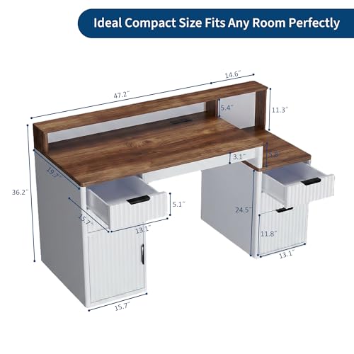 Home Office Computer Desk with Hutch & Printer Shelf, Brown & White, view 3