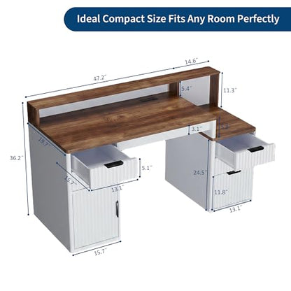 Home Office Computer Desk with Hutch & Printer Shelf, Brown & White, view 3
