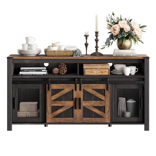 Farmhouse Buffet Cabinet, Rustic Sideboard with Sliding Barn Doors, 59" Coffee Bar Storage Cabinet with Mesh Doors, Cupboard Table for Kitchen, Dining Room, Living Room，Antique Black & Brown