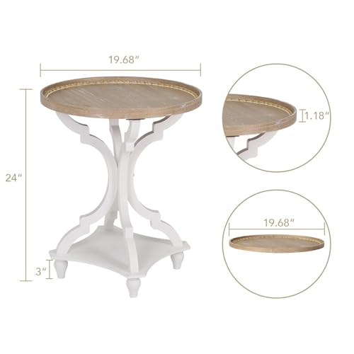 Farmhouse Round Accent End Table, Rustic Side Table Nightstands for Living Room, Wood Tray Top, Handcrafted Finish, Set of 2, White