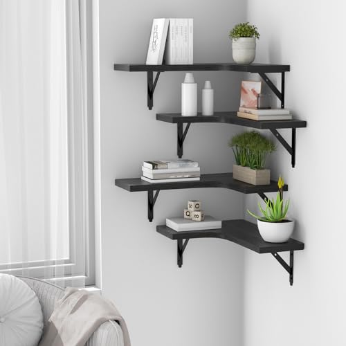 ROMGUAR CRAFT Corner Floating Shelves Wall Mounted Set of 4, Rustic Wood Storage Display Shelves for Home Decor, Bathroom, Kitchen, Bedroom, Living Room, Office (Black)