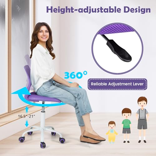 Desk Chair for Teen, Kids Armless Swivel Small Cute Low-Back Mesh Office Chair Comfy with Adjustable Height, Lumbar Support, Ergonomic Computer Study Chair in Home Bedroom School, Purple