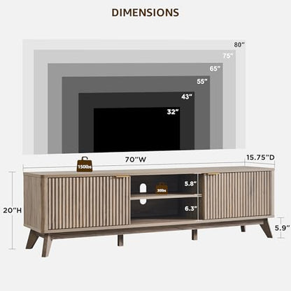 70" Mid Century Modern Fluted TV Stand w/ 2 Soft Close Door, Alder Grey, view 3