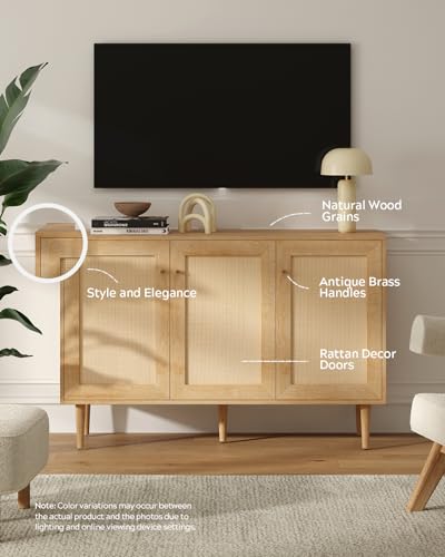 Rattan Storage Cabinet with 3 Doors, Boho Sideboard Buffet Cabinet Wooden Farmhouse Credenza Cabinet with Adjustable Shelves for Living Room Kitchen Entryway Hallway, Natural Oak