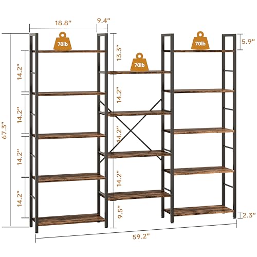 Triple Column 5 Tier Bookshelf, Industrial Large Bookcase Display Shelves, Large Etagere Bookshelf,Wide Book Shelf Book Case for Home & Office, Rustic Brown