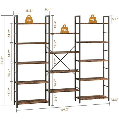 Triple Column 5 Tier Bookshelf, Industrial Large Bookcase Display Shelves, Large Etagere Bookshelf,Wide Book Shelf Book Case for Home & Office, Rustic Brown