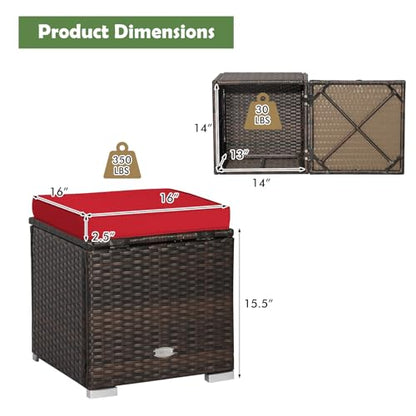 Outdoor Storage Ottoman Wicker 2 Piece, Patio Ottomans PE Rattan Foot Rest Footstool with Cushions for Couch, Chair, Red