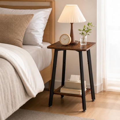 King Oasis Small Side Table for Small Spaces, 2-Tier End Table with Storage Shelf, 15.7-Inch Square Wood and Metal Nightstand for Living Room or Bedroom, Rustic Brown