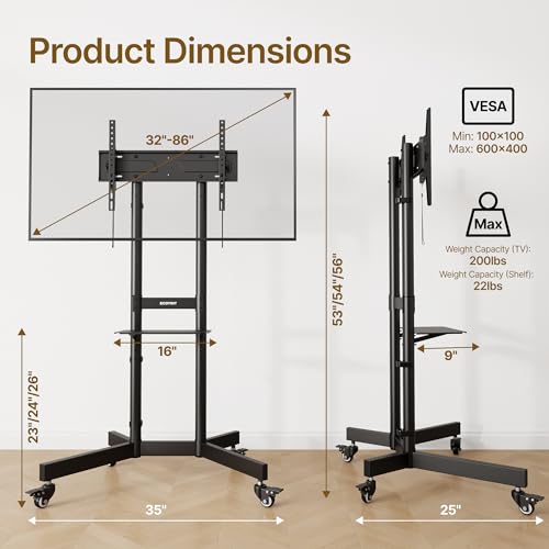 Upgraded Rolling TV Stand for 32-86 Inch TVs up to 200 lbs, Heavy Duty Mobile TV Cart with Laptop Shelf, Height Adjustable Portable TV Stands with Lockable Wheels, Max VESA 600x400mm