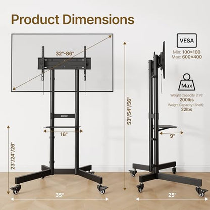 Upgraded Rolling TV Stand for 32-86 Inch TVs up to 200 lbs, Heavy Duty Mobile TV Cart with Laptop Shelf, Height Adjustable Portable TV Stands with Lockable Wheels, Max VESA 600x400mm