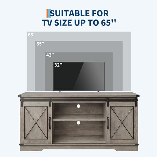 Farmhouse TV Stand for 65 Inch TV, Sliding Barn Doors, Grey, view 7