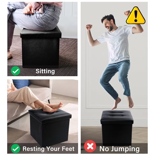 Storage Ottoman, Foldable Foot Rest Stool, 13x12x12 Inches Small Leather Bench with Storage, Holds up to 260 lb, for Living Room, Bedroom, Dorm, Black