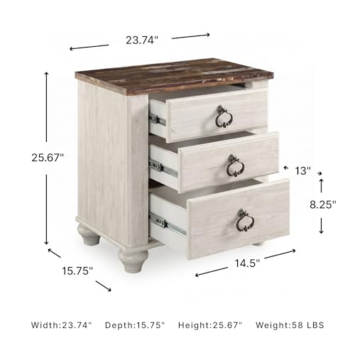 Signature Design by Ashley Willowton Farmhouse 2 Drawer Nightstand with USB Charging Ports, 25.67" Tall, Whitewash
