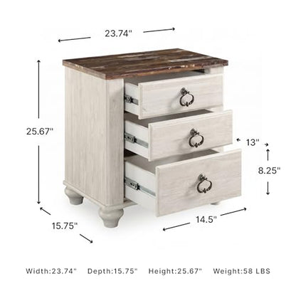 Signature Design by Ashley Willowton Farmhouse 2 Drawer Nightstand with USB Charging Ports, 25.67" Tall, Whitewash