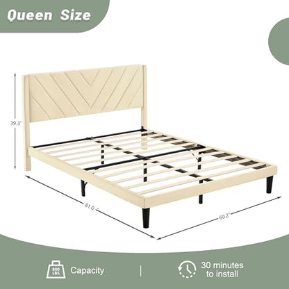 Queen Size Platform Bed Frame with Velvet Headboard, Wing Edge, view 3