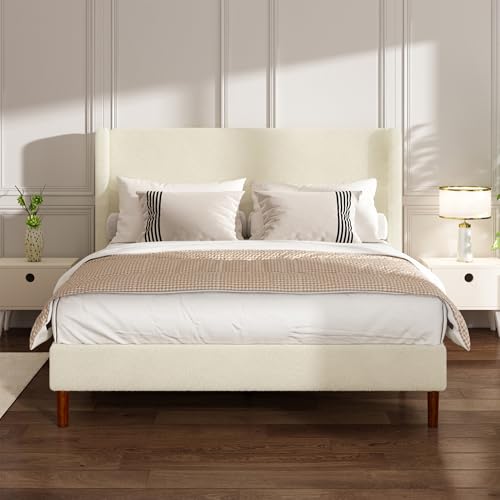 Queen Bed Frame, Boucle Upholstered Platform Bed with Wingback Headboard, view 2
