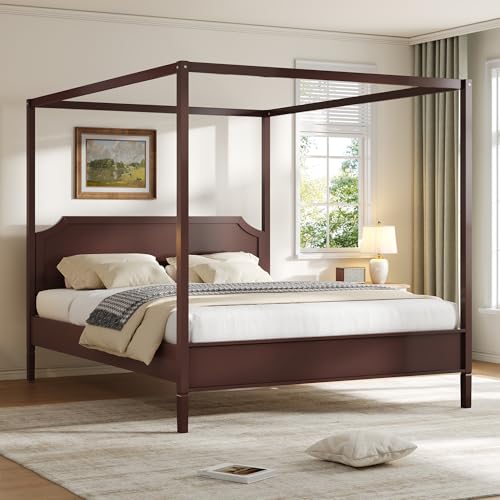 Queen Size Canopy Bed with Headboard and Support Legs, Walnut, view 4