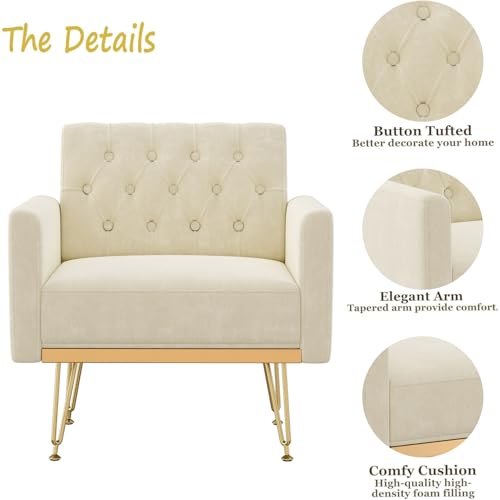 Accent Chair with Arm for Living Room, Velvet Modern Armchair Single Sofa Cozy Tufted Upholstered Reading Side Chairs with Gold Metal Leg for Bedroom Decorate