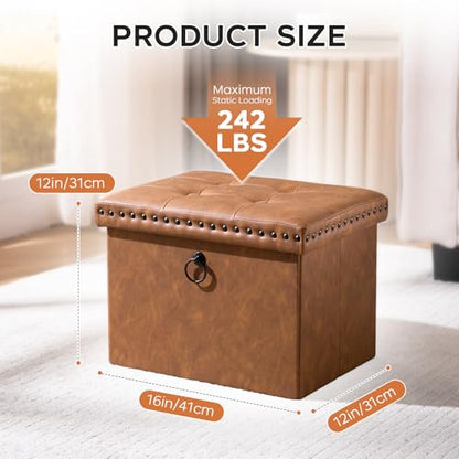 Folding Ottoman with Storage in Brown faux leather, view 3