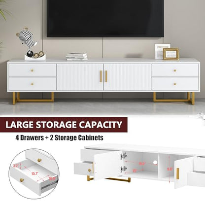 Modern TV Stand with Drawers for TVs up to 75'', Media Console Storage Cabinet Entertainment Center Furniture for Living Room Bedroom, Gold Metal Legs, 70.9-Inch, White