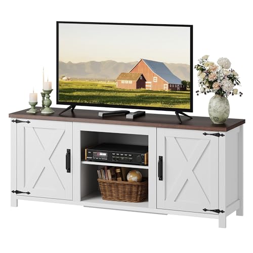 Modern Farmhouse TV Stand for TVs up to 65", Entertainment Center with X-Shaped Barn Doors, Large Storage Media TV Console with Adjustable Shelves & Cable Holes for Living Room, White