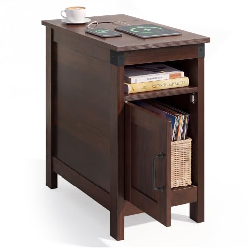 End Table with Charging Station, Narrow Side Table for Living Room, Farmhouse Night Stand with Storage, Small Wooden Nightstand with USB Ports and Outlets for Living Room and Bedroom, Espresso