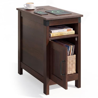 End Table with Charging Station, Narrow Side Table for Living Room, Farmhouse Night Stand with Storage, Small Wooden Nightstand with USB Ports and Outlets for Living Room and Bedroom, Espresso
