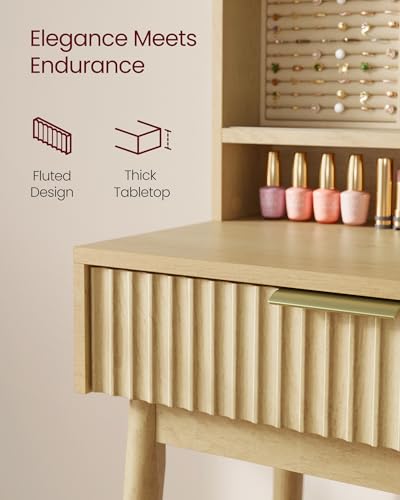 VASAGLE Fluted Vanity Desk with Sliding Mirror and Lights, 5 Drawers, view 7