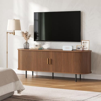 55" Mid Century Modern TV Stand Entertainment Center Brown Walnut Cabinet, view 2