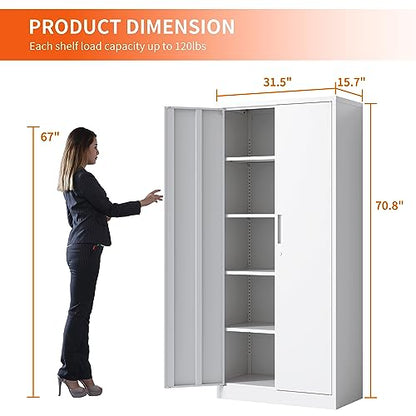 Metal Storage Cabinet with Adjustable Shelves, Garage Tool Cabinet with 2 Lockable Doors for Office, Home, Garage, Require Assembly, White